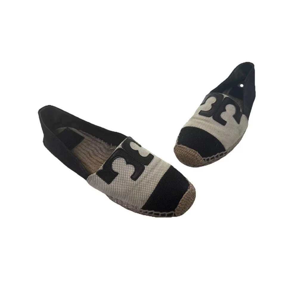 Tory Burch Women's 6.5 Blue Flat Espadrilles Logo Leather Slip On Shoes